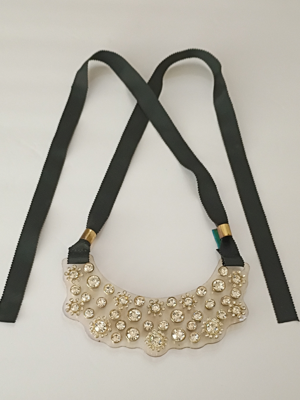 Crystal-Embellished Ivory Statement Necklace with Black Ribbon